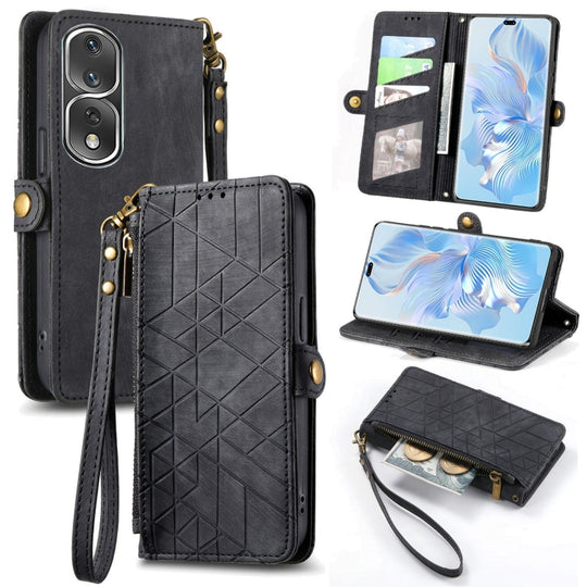 Pour Honor 80 Pro Portefeuille à fermeture éclair géométrique Boucle latérale Étui de téléphone en cuir (Noir)