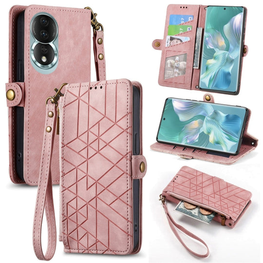 Pour Honor 80 Portefeuille à fermeture éclair géométrique Boucle latérale Étui de téléphone en cuir (Rose)