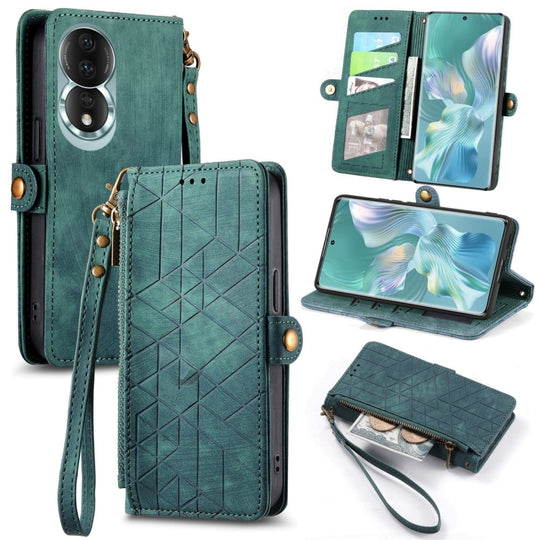 Pour Honor 80 Portefeuille à fermeture éclair géométrique Boucle latérale Étui de téléphone en cuir (Vert)