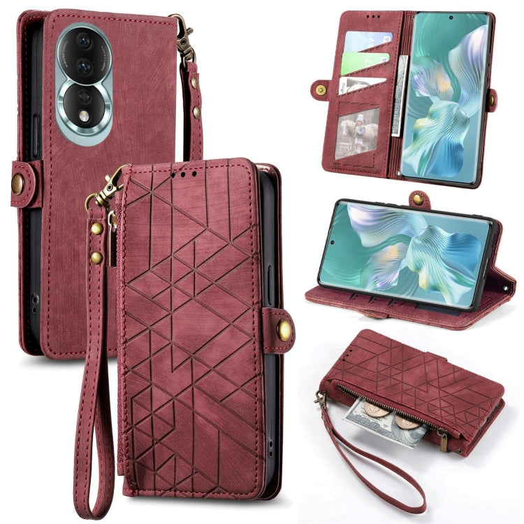 For Honor 80 Geometric Zipper Wallet Side Buckle Leather Phone Case(Red) by buy2fix