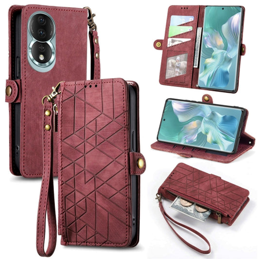 For Honor 80 Geometric Zipper Wallet Side Buckle Leather Phone Case(Red) by buy2fix