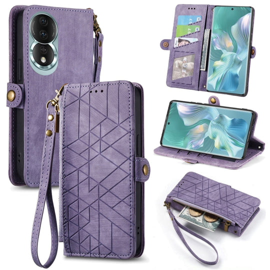 Pour Honor 80 Portefeuille à fermeture éclair géométrique Boucle latérale Étui de téléphone en cuir (Violet)
