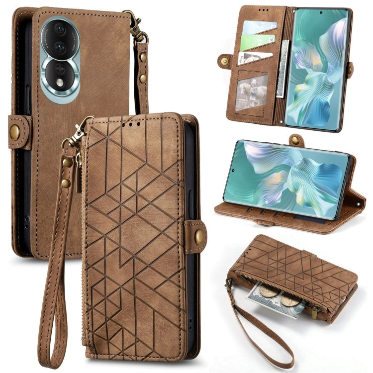 For Honor 80 Geometric Zipper Wallet Side Buckle Leather Phone Case(Brown) by buy2fix