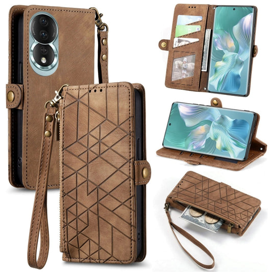 For Honor 80 Geometric Zipper Wallet Side Buckle Leather Phone Case(Brown) by buy2fix