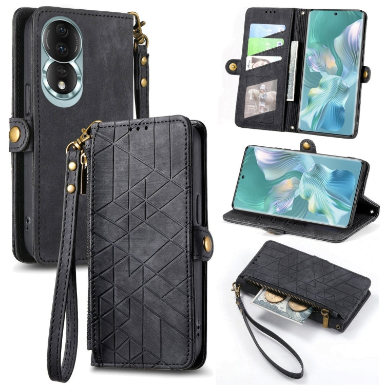 For Honor 80 Geometric Zipper Wallet Side Buckle Leather Phone Case(Black) by buy2fix