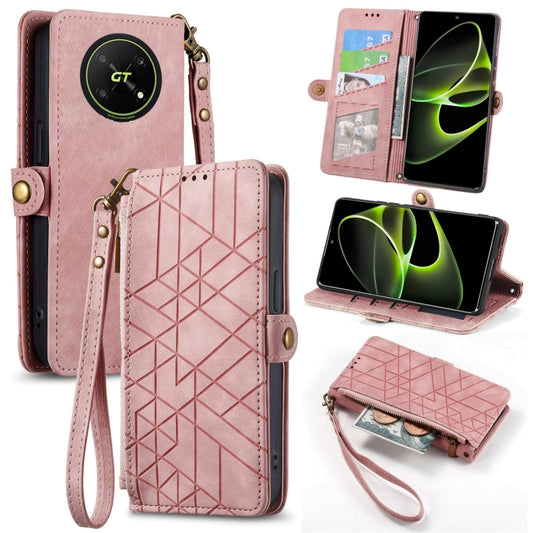 For Honor X40 GT Geometric Zipper Wallet Side Buckle Leather Phone Case(Pink) by buy2fix