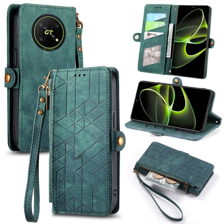 For Honor X40 GT Geometric Zipper Wallet Side Buckle Leather Phone Case(Green) by buy2fix