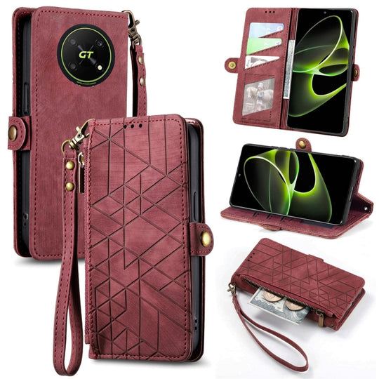 Pour Honor X40 GT Portefeuille à fermeture éclair géométrique Boucle latérale Étui de téléphone en cuir (Rouge)