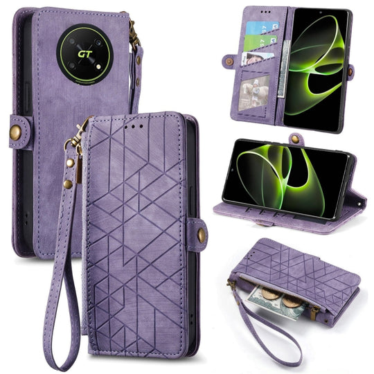 Pour Honor X40 GT Portefeuille à fermeture éclair géométrique Boucle latérale Étui de téléphone en cuir (Violet)