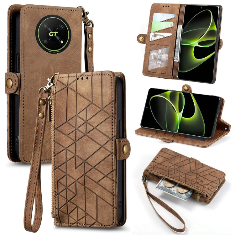 For Honor X40 GT Geometric Zipper Wallet Side Buckle Leather Phone Case(Brown) by buy2fix