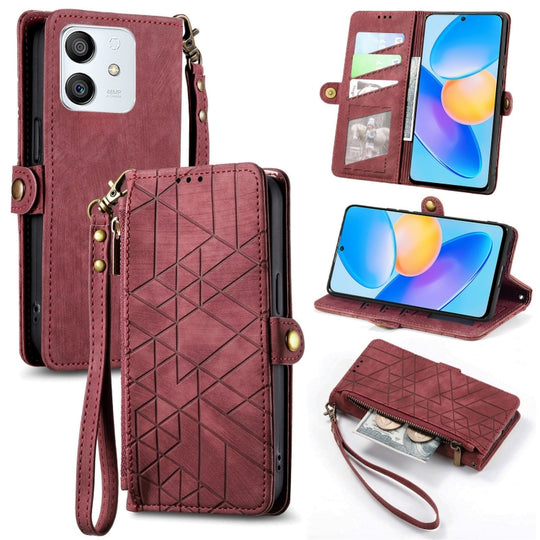 Pour Honor Play6T Pro Portefeuille à fermeture éclair géométrique Boucle latérale Étui de téléphone en cuir (Rouge)