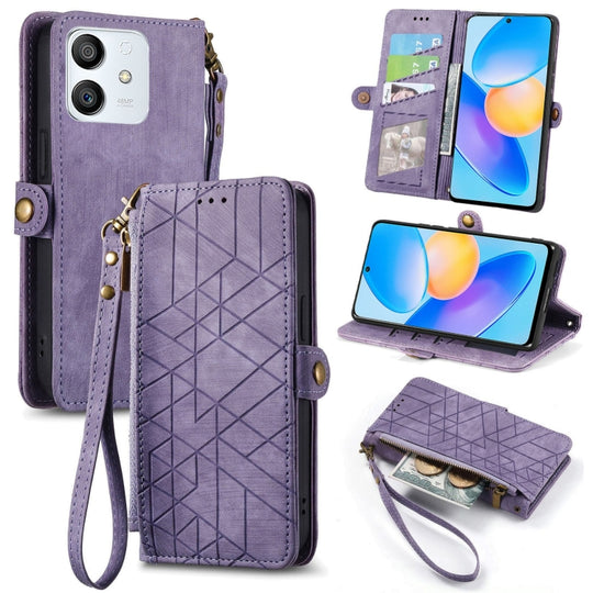 Pour Honor Play6T Pro Portefeuille à fermeture éclair géométrique Boucle latérale Étui de téléphone en cuir (Violet)