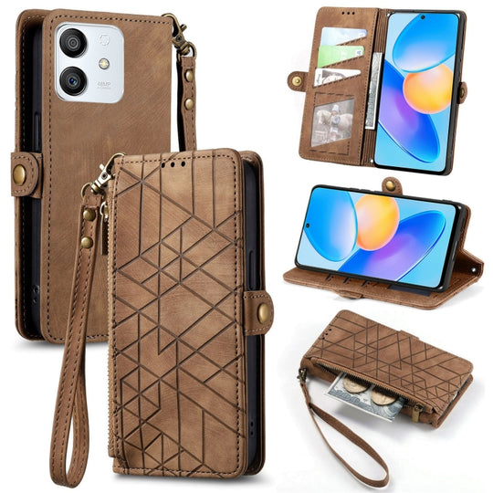 Pour Honor Play6T Pro Portefeuille à fermeture éclair géométrique Boucle latérale Étui de téléphone en cuir (Marron)