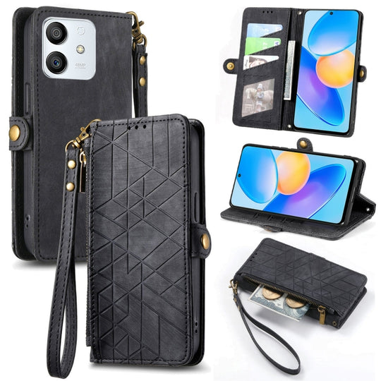 For Honor Play 6T Pro Geometric Zipper Wallet Side Buckle Leather Phone Case(Black)