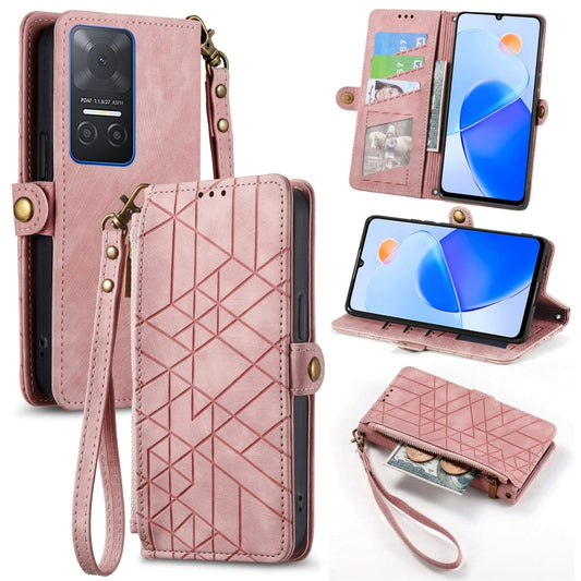 For Honor Play 6T Geometric Zipper Wallet Side Buckle Leather Phone Case(Pink) by buy2fix