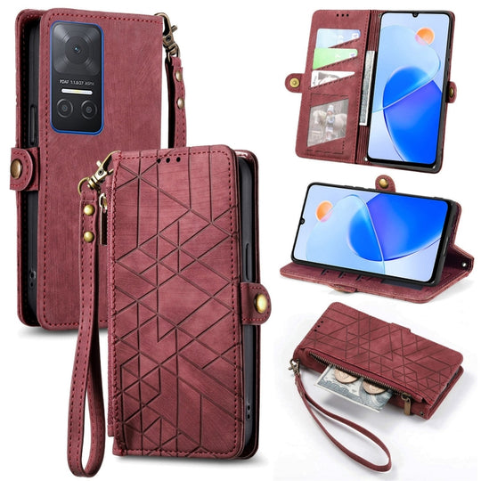 Pour Honor Play6T Portefeuille à fermeture éclair géométrique Boucle latérale Étui de téléphone en cuir (Rouge)