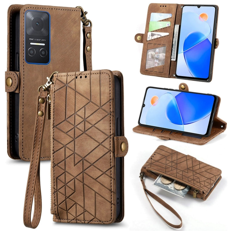 For Honor Play 6T Geometric Zipper Wallet Side Buckle Leather Phone Case(Brown) by buy2fix