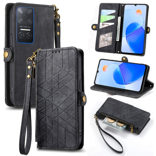 Pour Honor Play6T Portefeuille à fermeture éclair géométrique Boucle latérale Étui de téléphone en cuir (Noir)