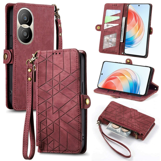 For Honor X40i Geometric Zipper Wallet Side Buckle Leather Phone Case(Red) by buy2fix