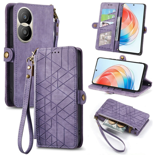 Pour Honor X40i Portefeuille à fermeture éclair géométrique Boucle latérale Étui de téléphone en cuir (Violet)