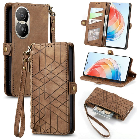 For Honor X40i Geometric Zipper Wallet Side Buckle Leather Phone Case(Brown) by buy2fix