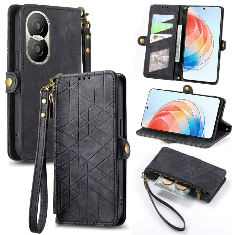 For Honor X40i Geometric Zipper Wallet Side Buckle Leather Phone Case(Black) by buy2fix