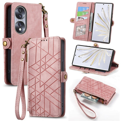 For Honor 70 Pro Geometric Zipper Wallet Side Buckle Leather Phone Case(Pink) by buy2fix