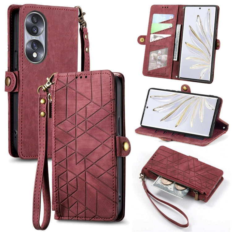 For Honor 70 Pro Geometric Zipper Wallet Side Buckle Leather Phone Case(Red) by buy2fix