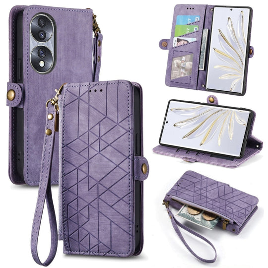 Pour Honor 70 Pro Portefeuille à fermeture éclair géométrique Boucle latérale Étui de téléphone en cuir (Violet)