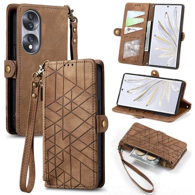 For Honor 70 Pro Geometric Zipper Wallet Side Buckle Leather Phone Case(Brown) by buy2fix