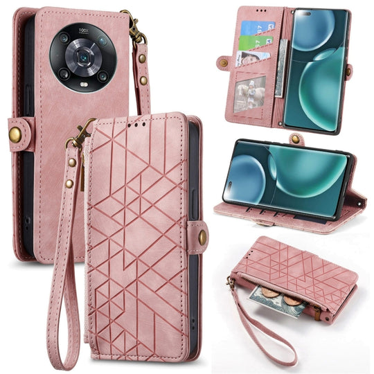 Pour Honor Magic4 Pro Portefeuille à fermeture éclair géométrique Boucle latérale Étui de téléphone en cuir (Rose)