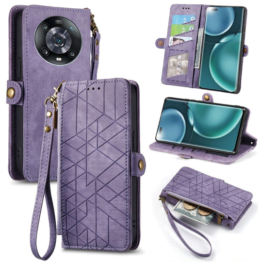 Pour Honor Magic4 Pro Portefeuille à fermeture éclair géométrique Boucle latérale Étui de téléphone en cuir (Violet)
