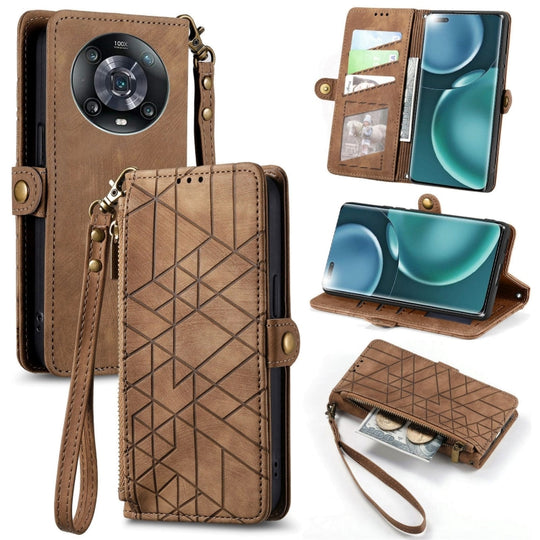 Pour Honor Magic4 Pro Portefeuille à fermeture éclair géométrique Boucle latérale Étui de téléphone en cuir (Marron)