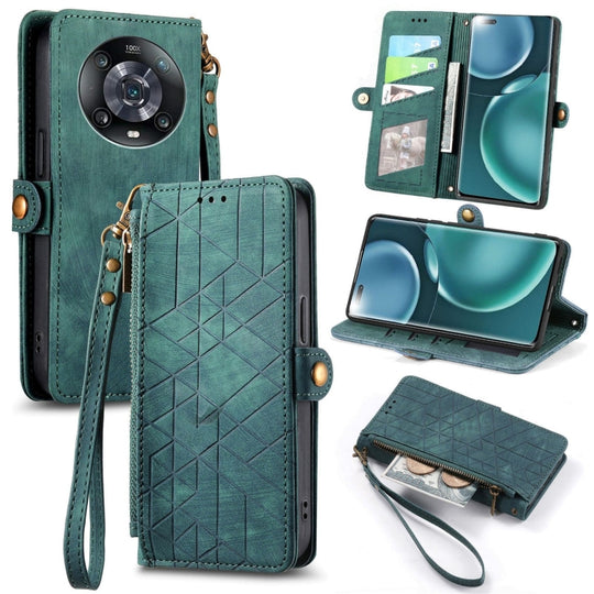 Pour Honor Magic4 Portefeuille à fermeture éclair géométrique Boucle latérale Étui de téléphone en cuir (Vert)