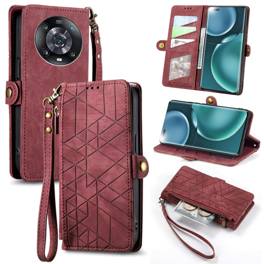 Pour Honor Magic4 Portefeuille à fermeture éclair géométrique Boucle latérale Étui de téléphone en cuir (Rouge)