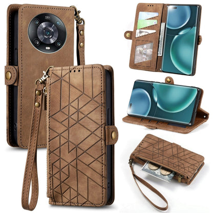 For Honor Magic4 Geometric Zipper Wallet Side Buckle Leather Phone Case(Brown) by buy2fix