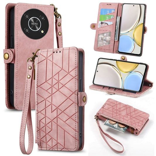 For Honor Magic4 Lite Geometric Zipper Wallet Side Buckle Leather Phone Case(Pink) by buy2fix