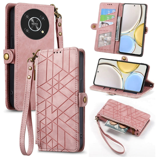 Pour Honor Magic4 Lite Portefeuille à fermeture éclair géométrique Boucle latérale Étui de téléphone en cuir (Rose)