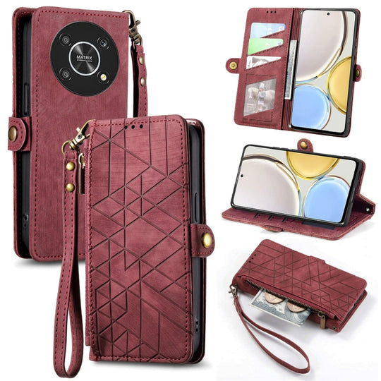 Pour Honor Magic4 Lite Portefeuille à fermeture éclair géométrique Boucle latérale Étui de téléphone en cuir (Rouge)