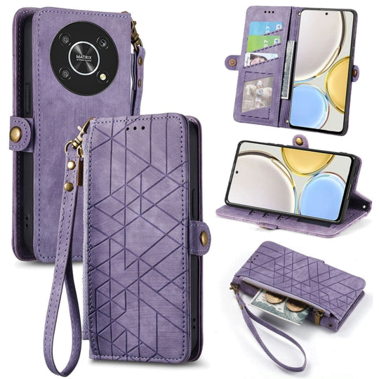 Pour Honor Magic4 Lite Portefeuille à fermeture éclair géométrique Boucle latérale Étui de téléphone en cuir (Violet)