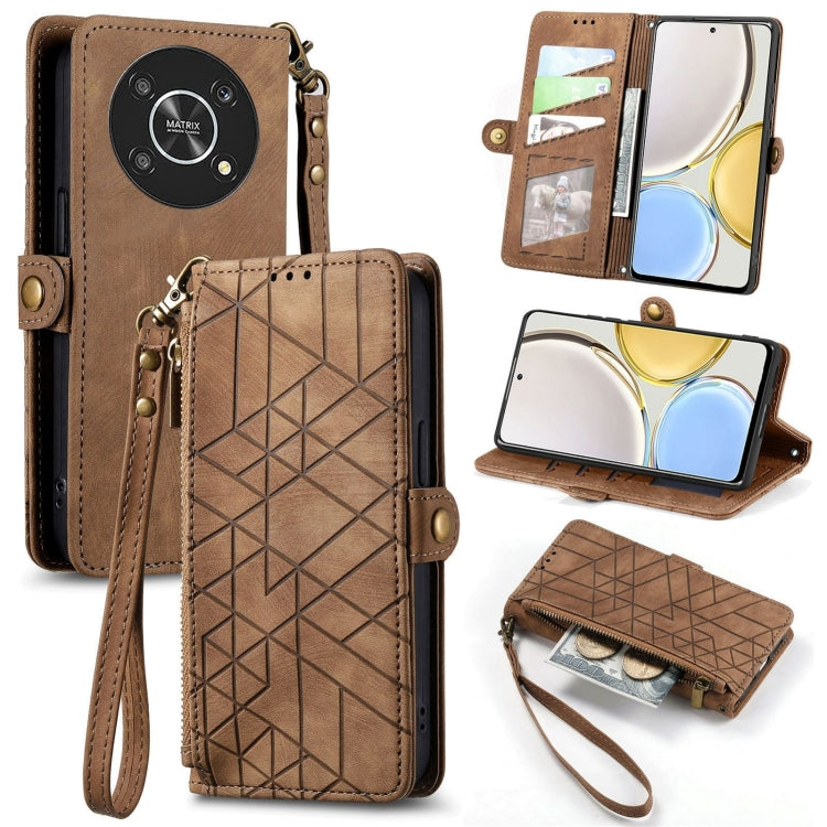 For Honor Magic4 Lite Geometric Zipper Wallet Side Buckle Leather Phone Case(Brown) by buy2fix