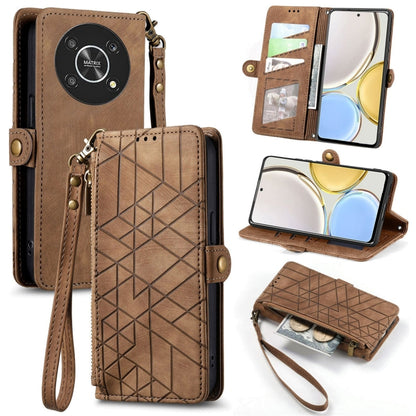 For Honor Magic4 Lite Geometric Zipper Wallet Side Buckle Leather Phone Case(Brown) by buy2fix