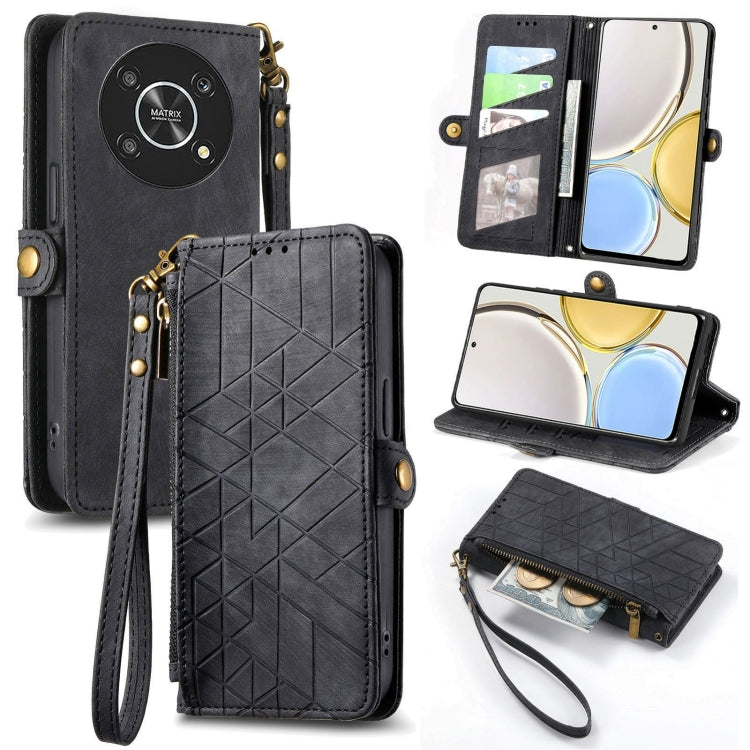 For Honor Magic4 Lite Geometric Zipper Wallet Side Buckle Leather Phone Case(Black) by buy2fix