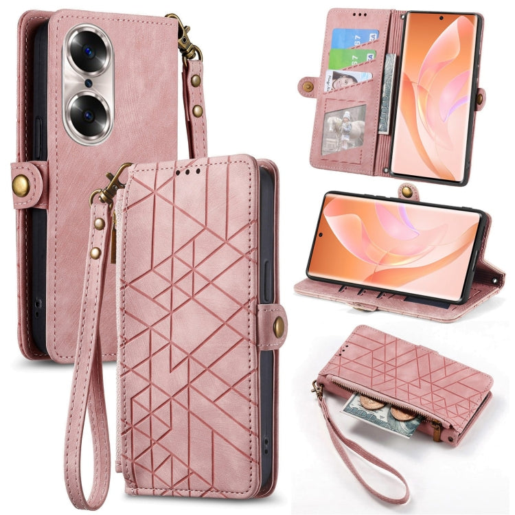 For Honor 60 Geometric Zipper Wallet Side Buckle Leather Phone Case(Pink) by buy2fix