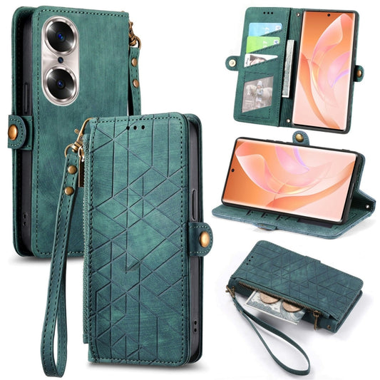 For Honor 60 Geometric Zipper Wallet Side Buckle Leather Phone Case(Green) by buy2fix