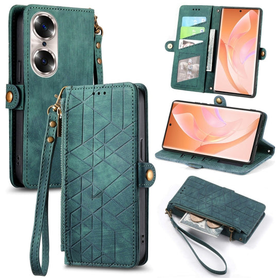 Pour Honor 60 Portefeuille à fermeture éclair géométrique Boucle latérale Étui de téléphone en cuir (Vert)