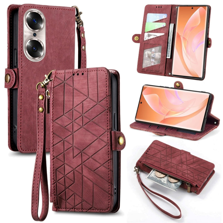 For Honor 60 Geometric Zipper Wallet Side Buckle Leather Phone Case(Red) by buy2fix