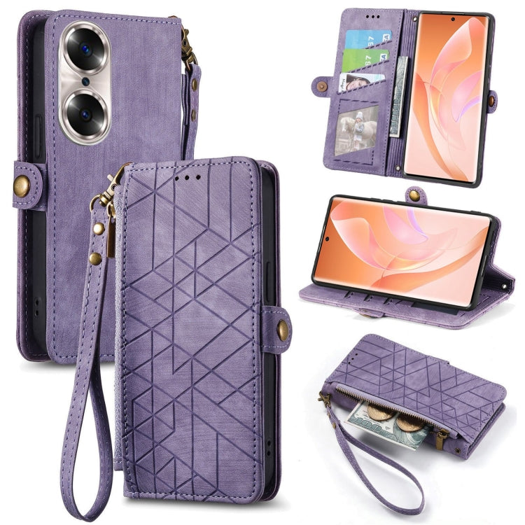 For Honor 60 Geometric Zipper Wallet Side Buckle Leather Phone Case(Purple) by buy2fix
