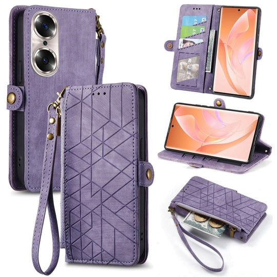 Pour Honor 60 Étui de téléphone en cuir à boucle latérale avec fermeture éclair géométrique (violet)