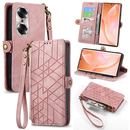 For Honor 60 Pro Geometric Zipper Wallet Side Buckle Leather Phone Case(Pink) by buy2fix
